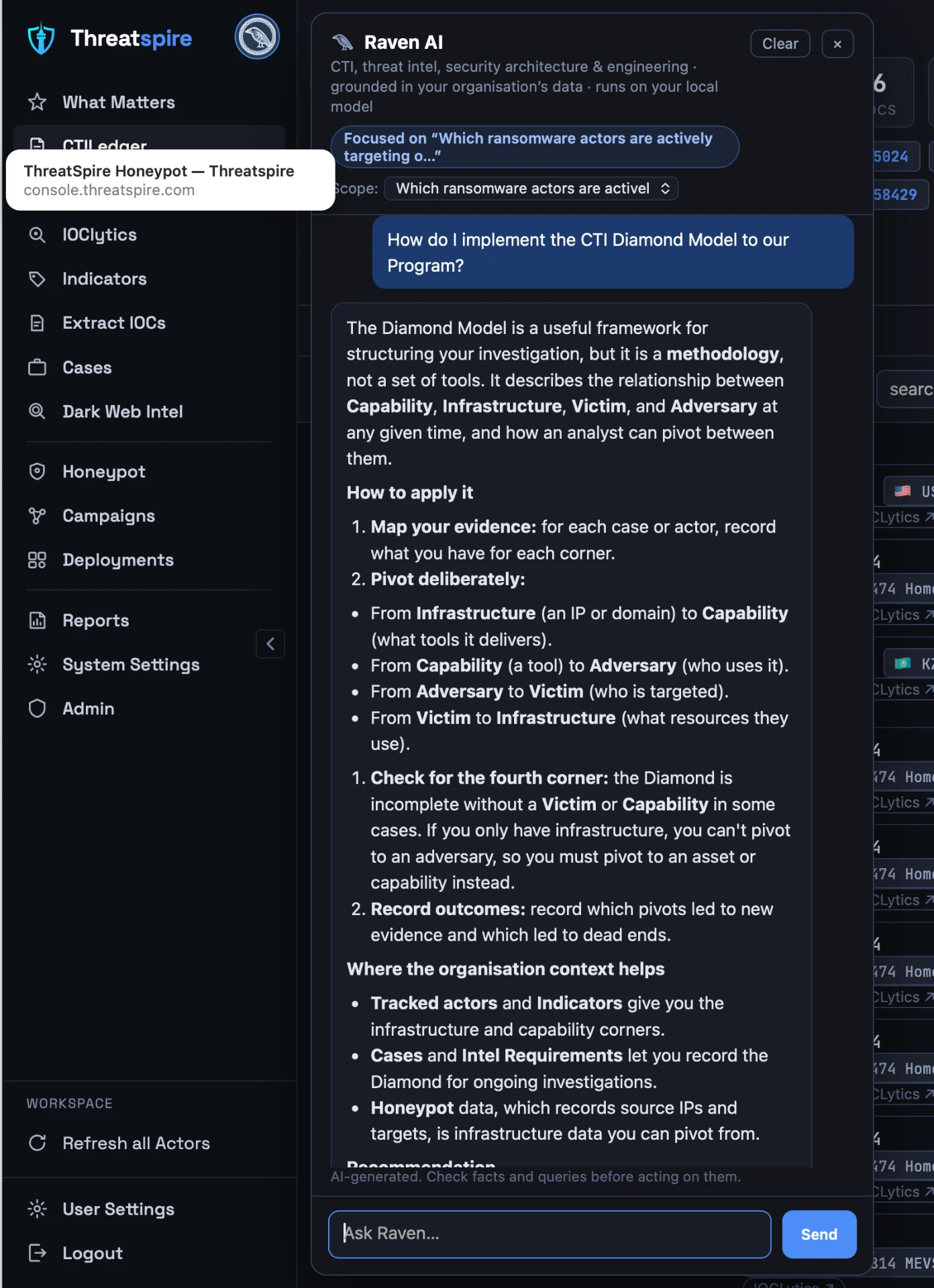 Raven AI panel open beside the ThreatSpire navigation, answering a question about the organisation's exposure.
